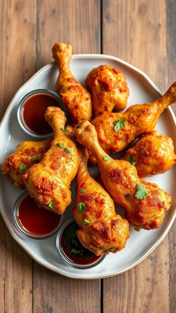 Crispy chicken drumstick lollipops served with dipping sauces on a rustic wooden table.